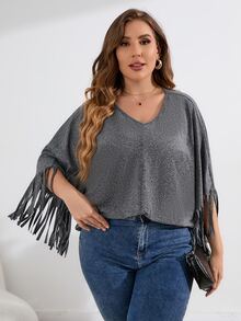 Calvaya Plus Fringe Trim Dolman Sleeve Tee - Dark Grey - View 4