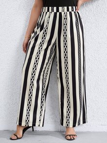 SHEIN LUNE Pantalones de pierna ancha con estampado geométrico de rayas - Blanco y Negro - Ver 5