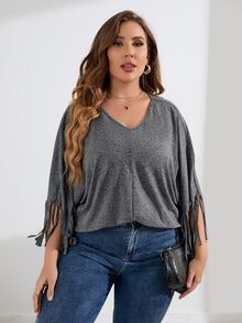 Calvaya Plus Fringe Trim Dolman Sleeve Tee - Dark Grey - View 5