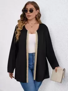 Calvaya 大碼織帶拼接開門襟外套 - 黑色 - 查看 1