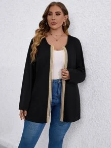 Calvaya 大碼織帶拼接開門襟外套 - 黑色 - 查看 3