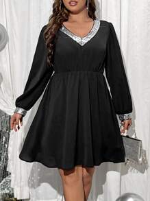 SHEIN LUNE Plus Contrast Sequin Trim Puff Sleeve Dress - Black - View 1
