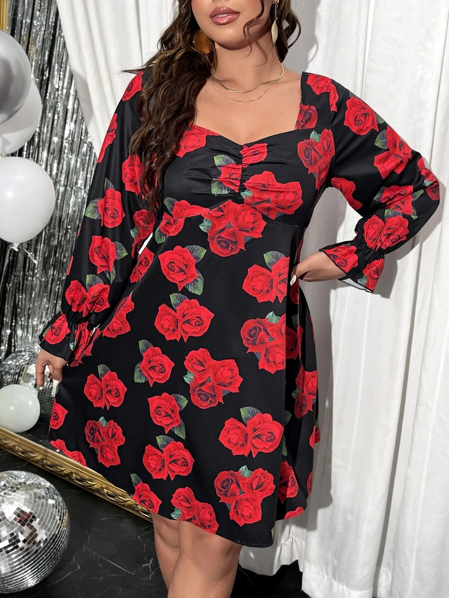 SHEIN LUNE Plus Floral Print Sweetheart Neck Flounce Sleeve Ruched Front Dress - Multicolor - View 1