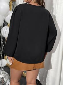 Celure Plus Star Print Lantern Sleeve Blouse - Black - View 2