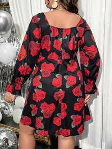 SHEIN LUNE Plus Floral Print Sweetheart Neck Flounce Sleeve Ruched Front Dress - Multicolor - View 2