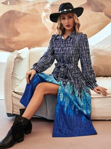 Colour Block & Graphic Pattern Belted Shirt Dress - Blue - View 6