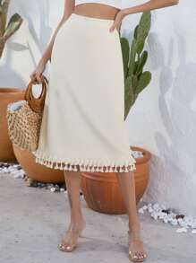 SHEIN VCAY Solid Tassel Hem A Line Skirt - Beige - View 1