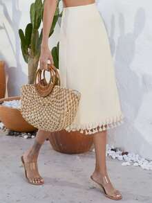 SHEIN VCAY Solid Tassel Hem A Line Skirt - Beige - View 4