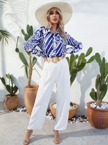 SHEIN LUNE Allover Print Button Front Shirt - Blue and White - View 5