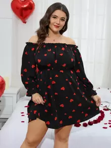 Calvaya Plus Heart Print Off Shoulder Flounce Sleeve Dress - Black - View 1