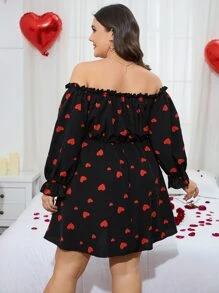Calvaya Plus Heart Print Off Shoulder Flounce Sleeve Dress - Black - View 2