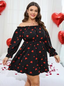 Calvaya Plus Heart Print Off Shoulder Flounce Sleeve Dress - Black - View 4