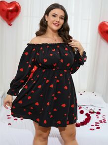 Calvaya Plus Heart Print Off Shoulder Flounce Sleeve Dress - Black - View 6