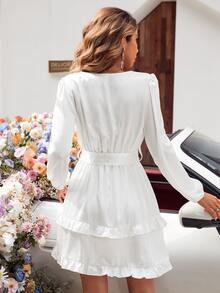 SHEIN LUNE Vestido con cinturón de manga farol ribete con fruncido - Blanco - Ver 2