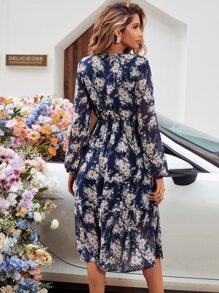 SHEIN LUNE Allover Floral Print Lantern Sleeve Ruffle Hem Dress - Navy Blue - View 2