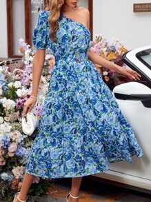 SHEIN VCAY Vestido con cinturón con estampado floral de un hombro bajo con fruncido - Azul - Ver 3