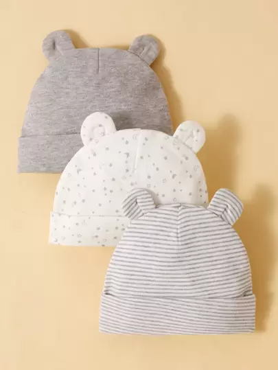 momscare 3 件灰色星月图案帽子，柔软舒适的熊耳帽，适合新生儿和婴儿 - 可爱设计的婴儿帽 - 完美的婴儿保暖、防风和保护囟门的礼物，适合男孩和女孩