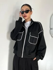 DAZY Contrast Piping Flap Pocket Drop Shoulder Zipper Jacket - Black - View 1