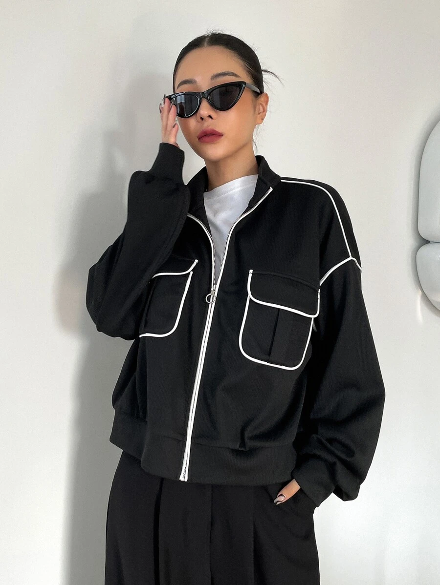 DAZY Contrast Piping Flap Pocket Drop Shoulder Zipper Jacket - Black - View 1
