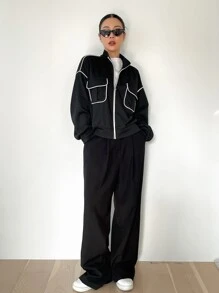 DAZY Contrast Piping Flap Pocket Drop Shoulder Zipper Jacket - Black - View 3