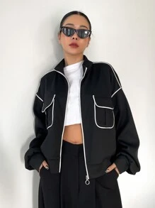 DAZY Contrast Piping Flap Pocket Drop Shoulder Zipper Jacket - Black - View 6