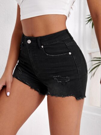 SHEIN Ripped Raw Hem Denim Shorts