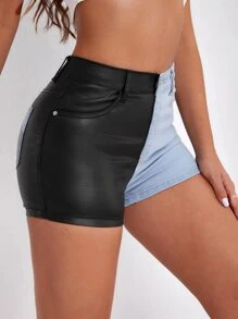 Two Tone Leather Look Denim Shorts - Multicolor - View 5