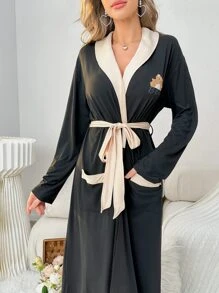 小熊印花拼接邊附腰帶睡袍 - 黑色 - 查看 5