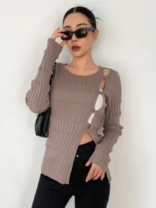 DAZY Cut Out Button Detail Ribbed Knit Jumper - Mocha Brown - View 1