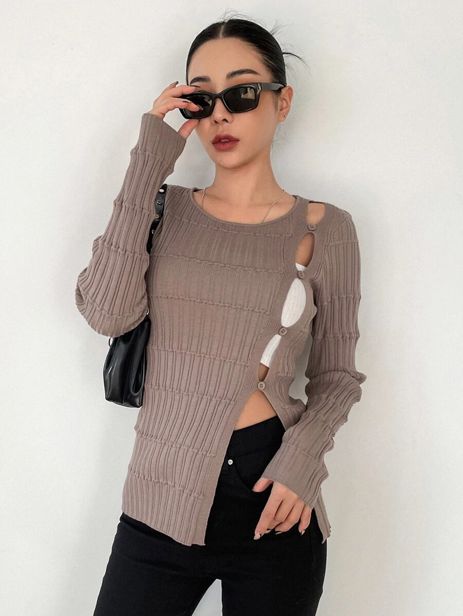 DAZY Cut Out Button Detail Ribbed Knit Jumper - Mocha Brown - View 1