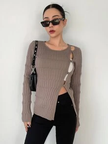 DAZY Cut Out Button Detail Ribbed Knit Jumper - Mocha Brown - View 5