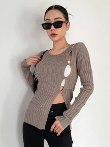 DAZY Cut Out Button Detail Ribbed Knit Jumper - Mocha Brown - View 7