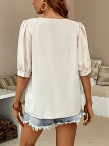 SHEIN LUNE Pearls Beaded Puff Sleeve Blouse - Apricot - View 2