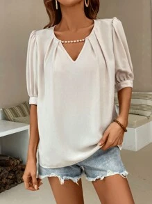 SHEIN LUNE Pearls Beaded Puff Sleeve Blouse - Apricot - View 3