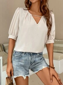 SHEIN LUNE Pearls Beaded Puff Sleeve Blouse - Apricot - View 4