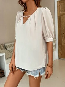 SHEIN LUNE Pearls Beaded Puff Sleeve Blouse - Apricot - View 5