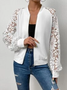 SHEIN Essnce Cazadora tipo bomber con encaje de manga raglán - Blanco - Ver 5