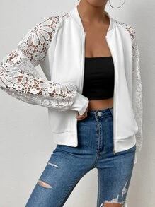 SHEIN Essnce Cazadora tipo bomber con encaje de manga raglán - Blanco - Ver 6