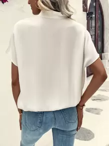 SHEIN Clasi Solid Shawl Neck Batwing Sleeve Blouse - Beige - View 2