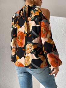 SHEIN LUNE 印花挖肩燈籠袖襯衫 - 黑色 - 查看 2