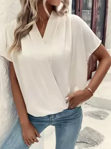 SHEIN Clasi Solid Shawl Neck Batwing Sleeve Blouse - Beige - View 3