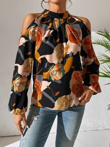 SHEIN LUNE 印花挖肩燈籠袖襯衫 - 黑色 - 查看 3