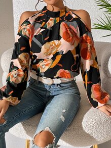 SHEIN LUNE 印花挖肩燈籠袖襯衫 - 黑色 - 查看 4