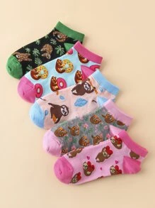5 pares Calcetines tobilleros con dibujos animados perezoso & con patrón floral - Multicolor - Ver 2