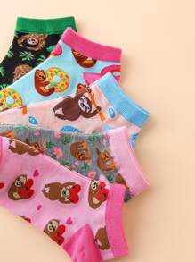 5 pares Calcetines tobilleros con dibujos animados perezoso & con patrón floral - Multicolor - Ver 3