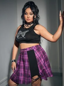 ROMWE Plus Plaid Print Buckle Detail Pleated Skirt - Purple - View 5