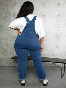 SHEIN CURVE+ Plus Patched Pocket Denim Dungarees Without Tee - Dark Wash - View 2