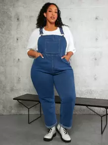 SHEIN CURVE+ Plus Patched Pocket Denim Dungarees Without Tee - Dark Wash - View 1