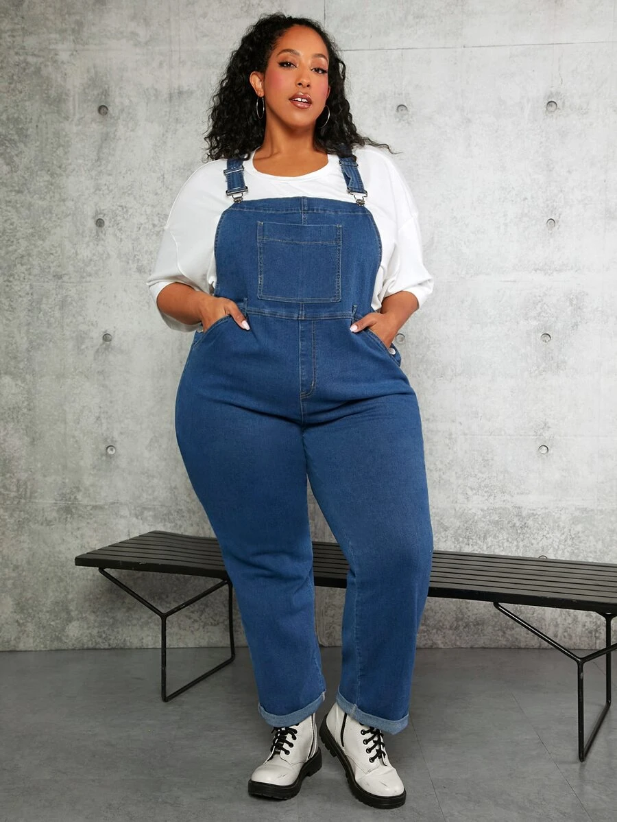 SHEIN CURVE+ Plus Patched Pocket Denim Dungarees Without Tee - Dark Wash - View 1