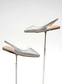 Glitter Point Toe Slingback Flats - Silver - View 1